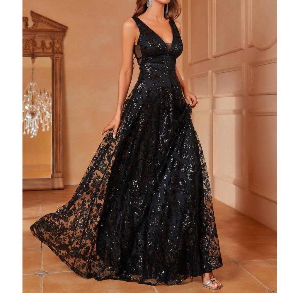 Luxe Floral Sequin Mesh Formal Black Tie Wedding Dress - Picture 3 of 5